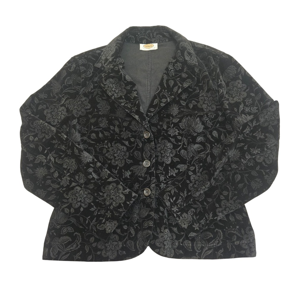 Talbots Womens Black Floral Damask Corduroy Blazer Jacket 3-Button Cotton L